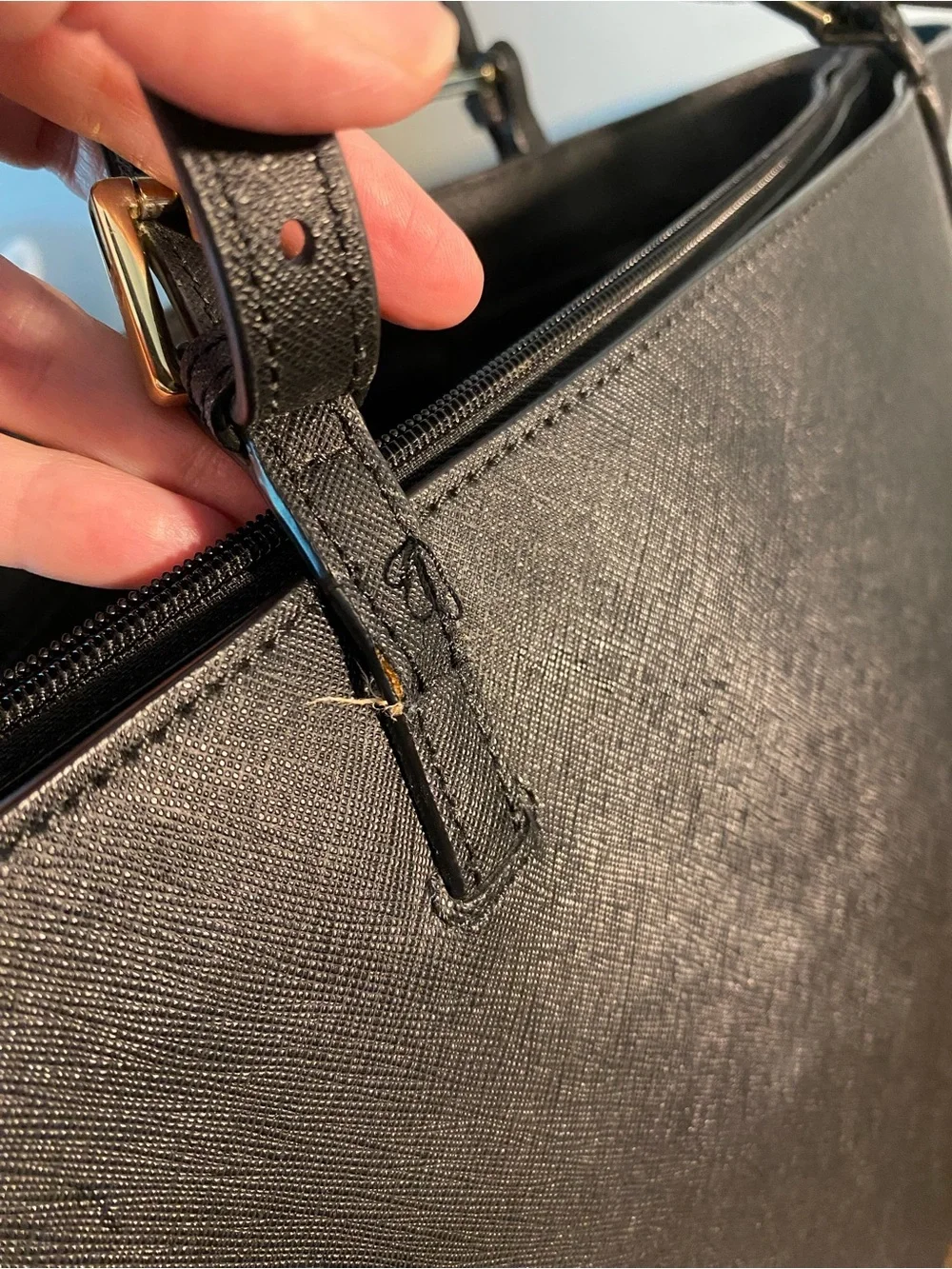 Tory Burch Black Saffiano Tote with Gold Logo Flaw